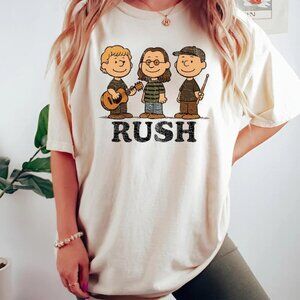 Rush Band White Tee Retro Cartoon Style, Geddy Lee, Alex Lifeson & Neil Peart 90